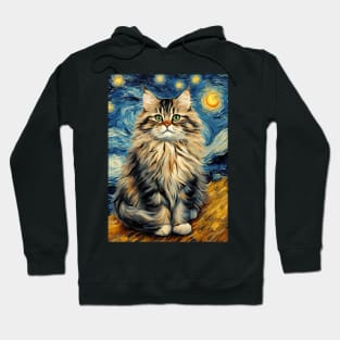 Adorable Siberian Cat Breed Painting in a Van Gogh Starry Night Art Style Hoodie